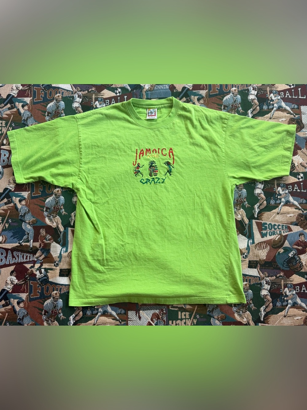 Vintage 90s Men’s Jamaica Me Crazy Green Embroidered Graphic T-shirt